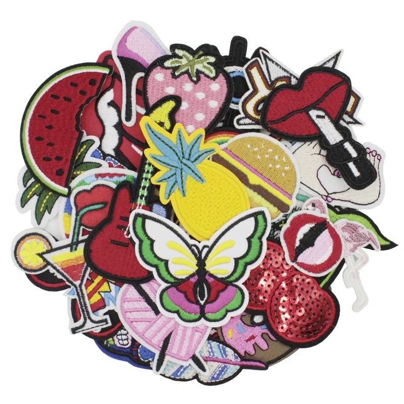 U-Sky Sew or Iron on Embroidered Patches | 32PCs Assorted Colorful Designs Vibrant Fruits Animal Cartoon Symbols Foods | DIY Clothing Customization | Jeans Jackets Vest Hoodie Vest| Mixed Sizes Set - Image 2